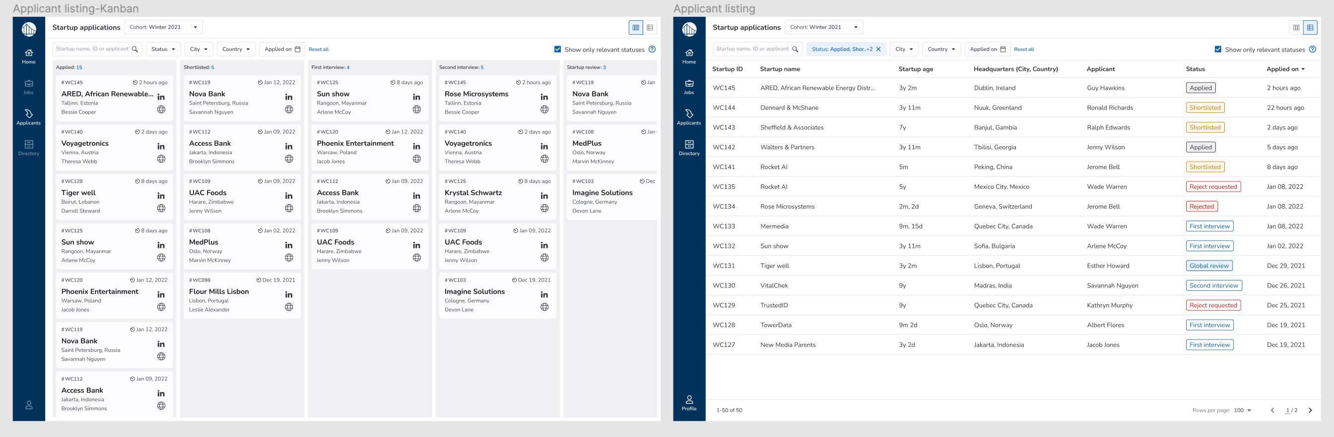 High fidelity UI - applicant listing