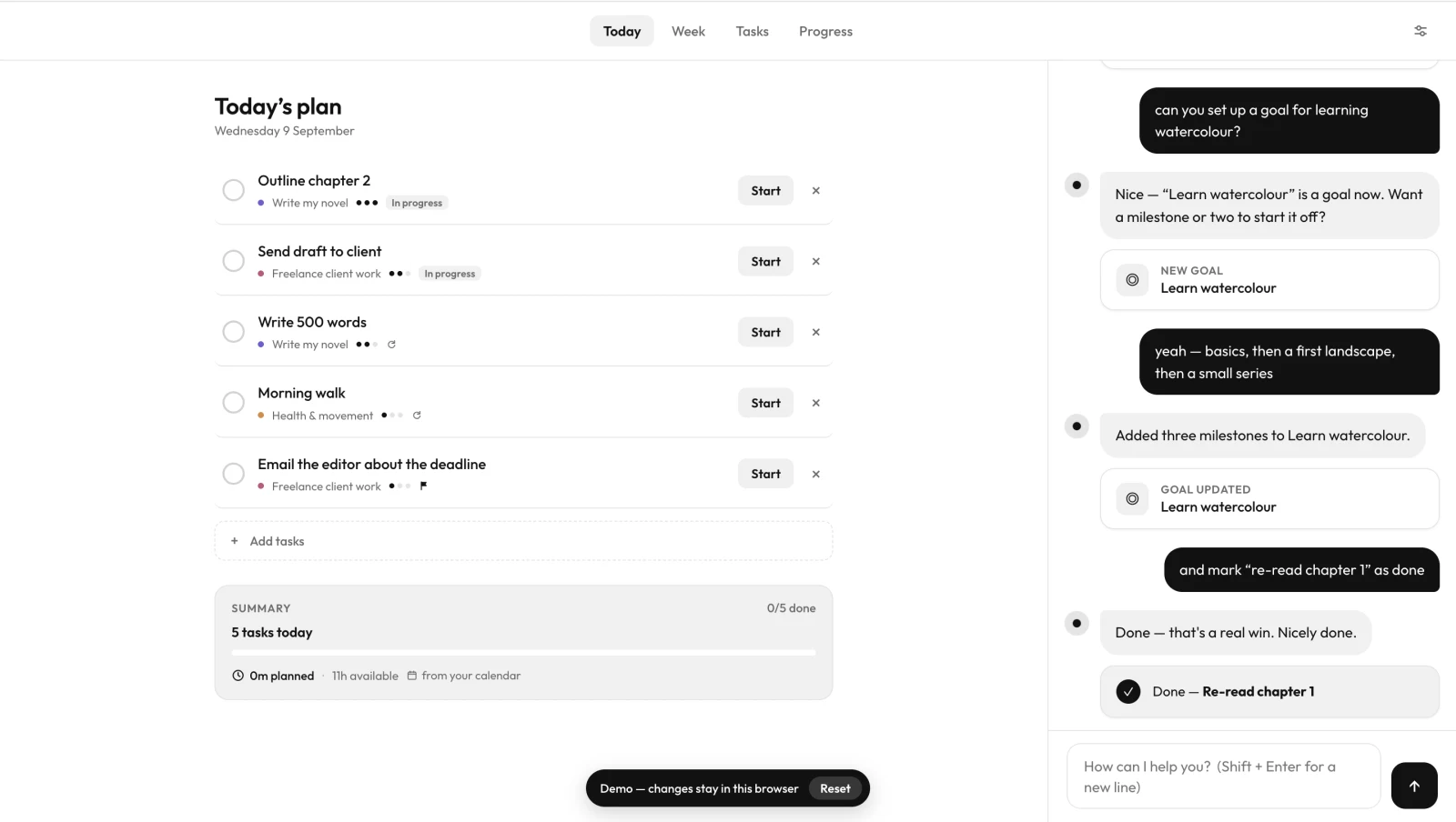 Task management app — a Today's plan task list beside a co-working AI chat panel